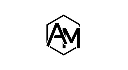Elegant black and white AM initial logo design in a hexagonal frame provides a modern and