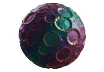 Isolated planetary body featuring craters, cosmic surface with rich and varied color palette