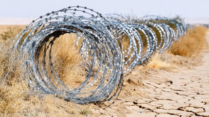 Coiled barbed wire security fence laying on dry cracked earth