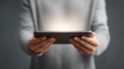 Individual Holding a Digital Tablet Emitting Light Symbolizing Knowledge and Technology in a Modern Setting