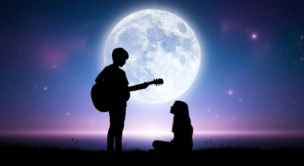 Boy serenades girl under luminous full moon, magical night sky, creating unforgettable memories with music.