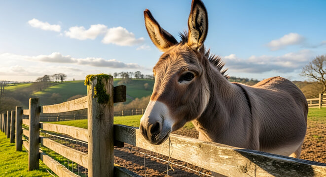 Friendly donkey looking over rustic wooden fence in sunlit countryside field - Powered by Adobe