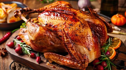 Naklejka premium Roasted Turkey for Holiday Celebrations Collection: Festive Thanksgiving and Christmas Turkey Dishes with Seasonal Decor and Garnishes