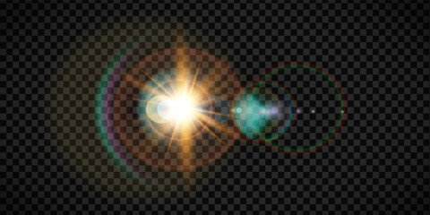 Halo sun effect featuring transparent glows and circular rays. Summer sunbeams for weather backgrounds. Solar bokeh or glitter speed for atmospheric designs.