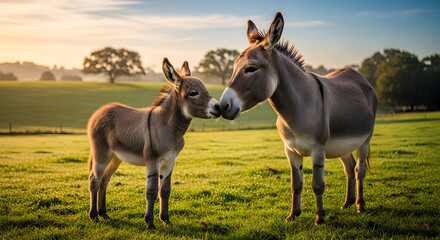 Obraz premium Tender bond: Mother and baby donkeys nuzzling in a sunlit green field at dawn