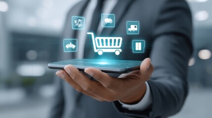 Businessman holding smartphone with holographic shopping cart and product icons representing digital commerce and modern technology in a corporate environment