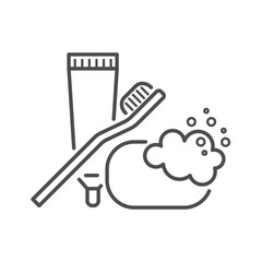 Dental hygiene flat line icon. Vector outline pictogram of toothbrush with toothpaste tube, soap foam, and water droplets. Daily oral cleaning, dental care, and personal hygiene maintenance.