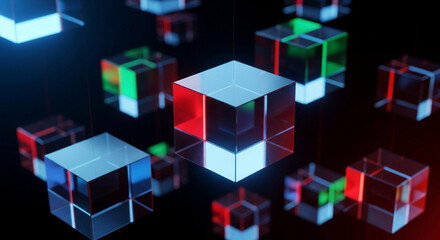Obraz premium Abstract background with glowing translucent cubes in various colors and sizes, creating a futuristic and technological feel