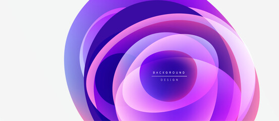 Abstract layers create dynamic purple, pink design. Concentric shapes suggest depth, modern aesthetic. Minimal text present.