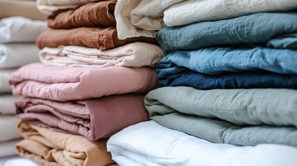 Folded colorful linen fabrics neatly stacked for donation