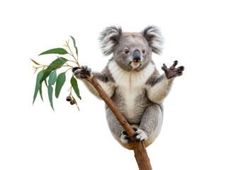 Obraz premium Isolated Koala sitting on branch eating eucalyptus leaves, posing, raising its paw, cut-out