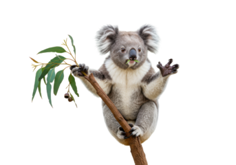 Isolated Koala sitting on branch eating eucalyptus leaves, posing, raising its paw, cut-out