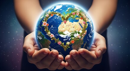 Hands gently cradling a glowing earth globe adorned with a vibrant floral heart symbolizing love and care for our planet