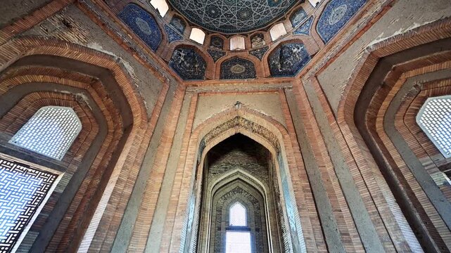 Interior and beautiful blue dome of the Turbek Khanum Mausoleum in Koneurgench, Turkmenistan