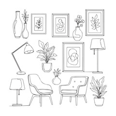 Minimalist home interior line art | Modern living room decor illustration