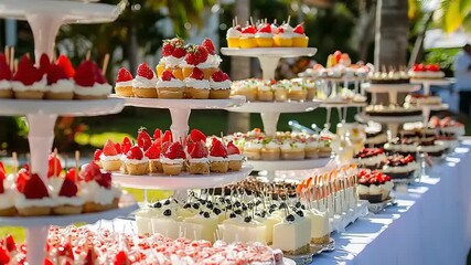 Abundant dessert table laden with fresh fruit topped pastries and cakes. - Powered by Adobe