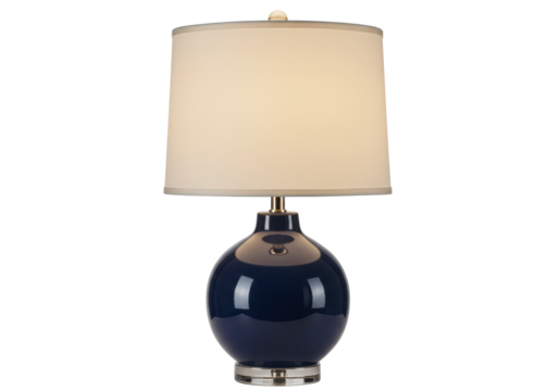 Isolated table lamp with neutral shade, blue ceramic base, classic home decor item