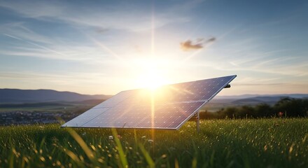 Bright sun shining through a solar panel in a grassy field with rolling hills and a blue sky