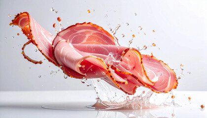 水しぶきの中で舞うハムスライス　generative ai