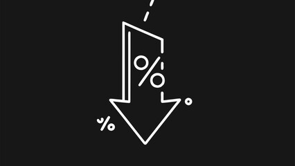 White Arrow Icon with Percent Symbol Falling Down on Black