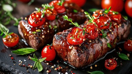 Grilled Steak with Cherry Tomatoes and Herb Garnishes