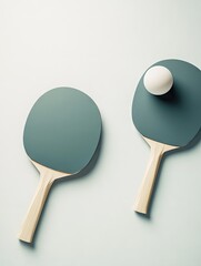 Two dark gray ping pong paddles, a white ball centered above them
