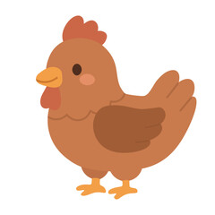 Cute brown chicken standing, flat vector cartoon illustration, isolated domestic farm bird