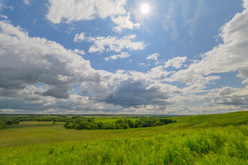 A Vibrant, Lush Green Landscape Under a Brilliantly Bright Blue Sky Adorned with Fluffy White Clouds