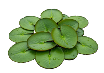 Isolated Floating Lily Pads, Green Leaves on Pond Surface, Drops of Water, Fresh, Clean, Natural