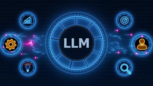 Represents a Large Language Model (LLM), AI chatbot, artificial intelligence, conversational and generative technology. Neon line Animated circuit board. Digital technology background.
