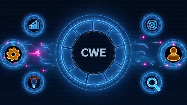Global business network with CWE acronym and interconnected icons . Neon line Animated circuit board. Digital technology background.