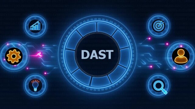 DAST Dynamic Application Security Testing Global Network Concept.Neon line Animated circuit board. Digital technology background.