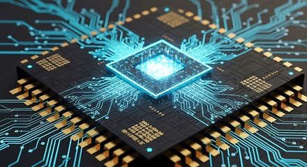Close up of a glowing blue central processing unit chip with intricate circuit board pathways and digital energy radiating outwards