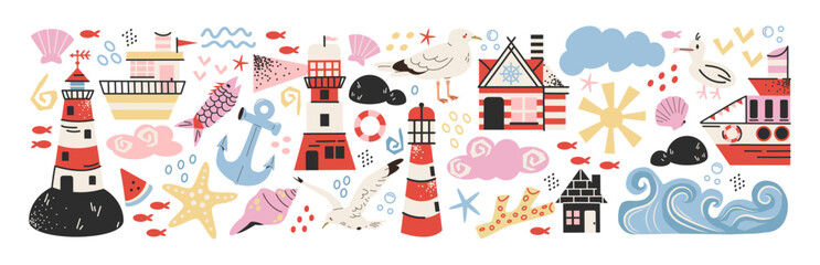 Set sea elements and lighthouses with ships in cartoon. Ocean coast, waves, seagulls, starfish, rocks. Vector set of retro doodle hand-drawn stickers. © Limpreom