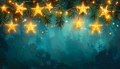 Fototapeta premium Christmas background with glowing star lights, fir branches, and festive bokeh on a dark blue textured backdrop, perfect for holiday greetings and designs.