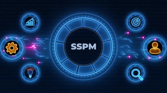 SPM text Global network of business icons. Neon line Animated circuit board. Digital technology background.