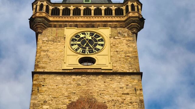 Prague Astronomical Clock Orloj Medieval Tower Zodiac Calendar Apostles Figurines Gothic Architecture Slow Motion 4K Video Footage. Czech Republic 