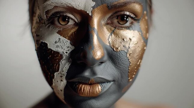 Close-up portrait of a woman with her face painted as a world map in metallic tones, symbolizing unity and global connection.