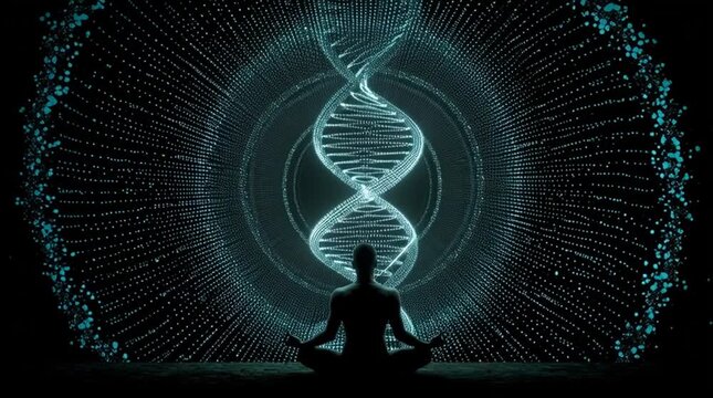 A person meditating before a glowing DNA helix, symbolizing spiritual awakening, human evolution, and connection between mind and biology.