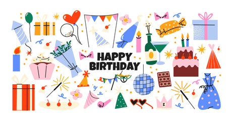 Birthday sticker set in retro cartoon. Balloons, gifts, cakes, candles, party hats, streamers - festive birthday elements in trendy retro doodle style.Birthday sticker set in retro cartoon © Limpreom