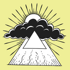 Sunrise behind thundercloud and triangle mountain with radiant lines in minimal black and white style