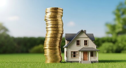 Tall stack of gold coins beside a miniature house on a grassy field with trees and blue sky background