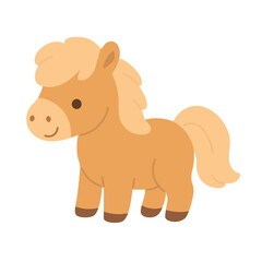 Cute pony standing, flat vector cartoon illustration, isolated domestic farm animal for kids