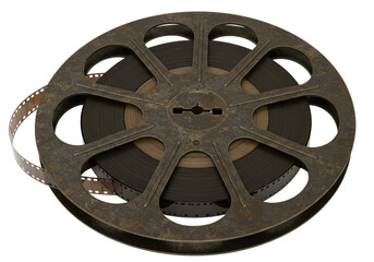 Obraz premium Isolated antique rusted film reel, metal and celluloid material for motion picture film archive