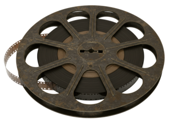 Isolated antique rusted film reel, metal and celluloid material for motion picture film archive