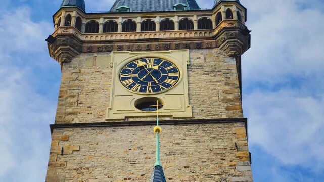 Prague Astronomical Clock Orloj Medieval Tower Zodiac Calendar Apostles Figurines Gothic Architecture Slow Motion 4K Video Footage