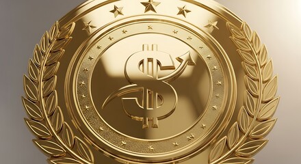 Close up of a detailed golden oval medal featuring a laurel wreath and intricate central emblem with stars and a crown symbolizing achievement and victory