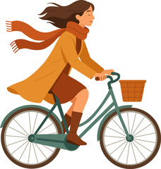 Flat vector illustration of a woman cycling in autumn clothing with a coat and scarf. Perfect for lifestyle design, seasonal concepts, urban scenes, and healthy living themes.