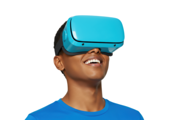 Isolated happy boy with virtual reality headset for gaming or Metaverse technology use