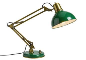 Isolated vintage green brass desk lamp with adjustable arm, lit lamp, illumination, desk decor